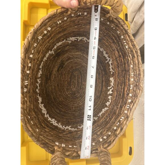 Brown Woven Basket White Knit Boho Bohemian Handles Home Decor Storage - Picture 4 of 8